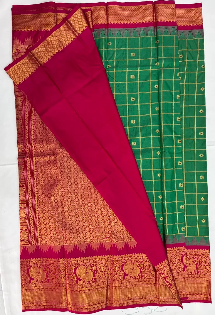 Gadwal Semi Saree Checks Butas Rich Pallu and Border green with dark pink