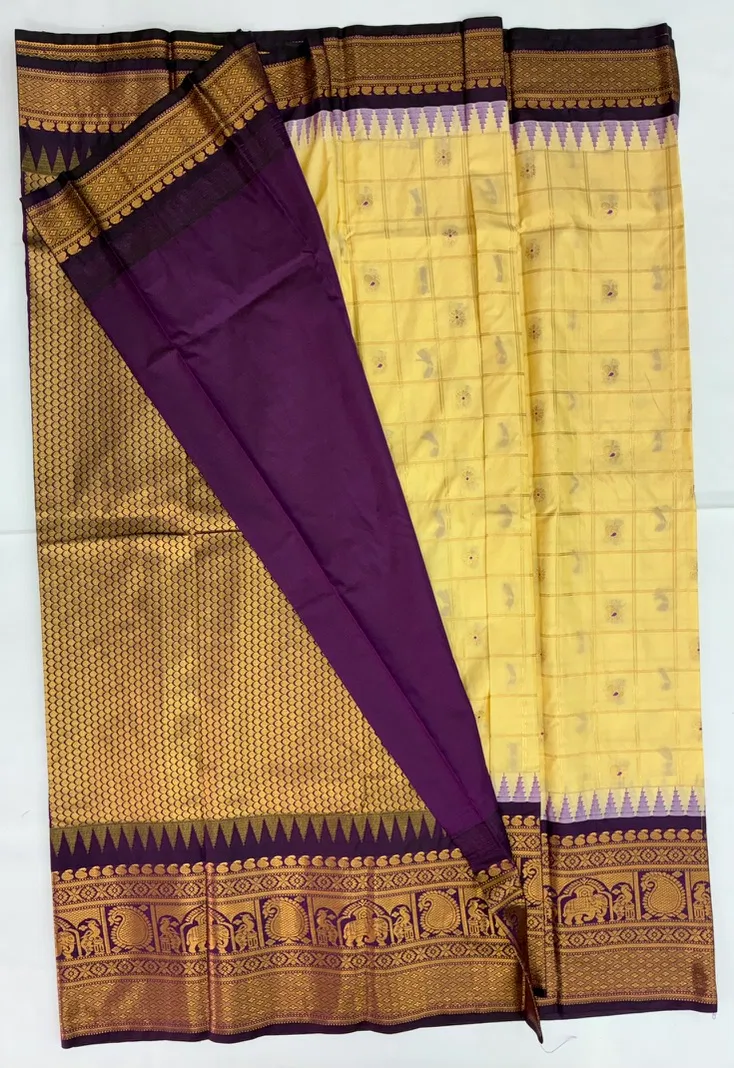 Gadwal Semi Silk Saree Checks Butas Rich Pallu and Border Creem and Purple