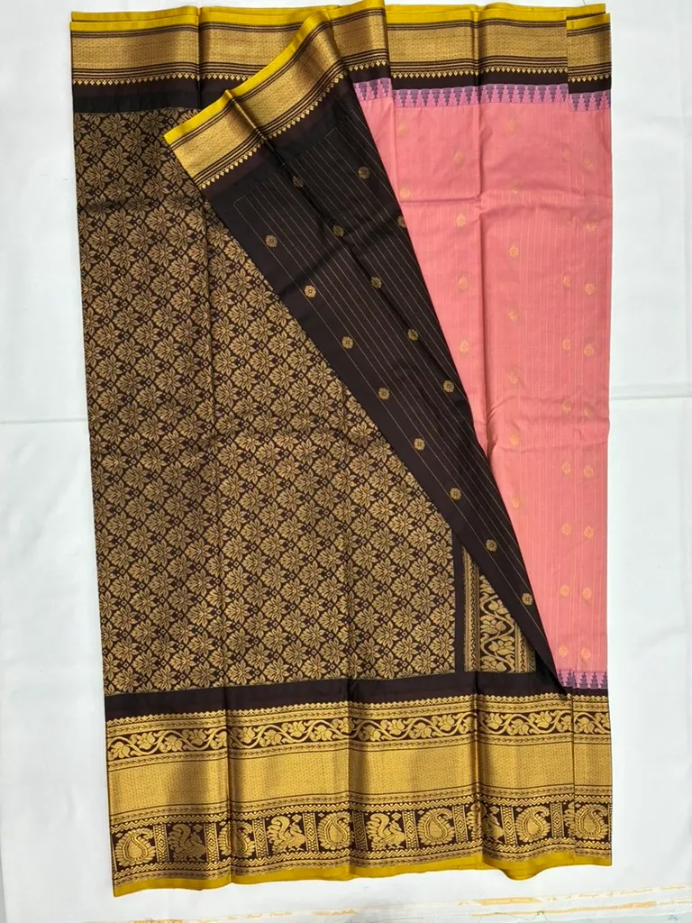 Gadwal Semi Silk Saree Checks Butas Rich Pallu and Border Light Pink and coffee brown
