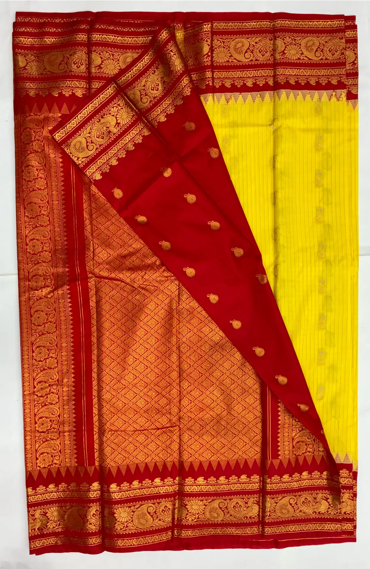 Gadwal Semi Silk Saree Checks Butas Rich Pallu and Border Yellow and Red