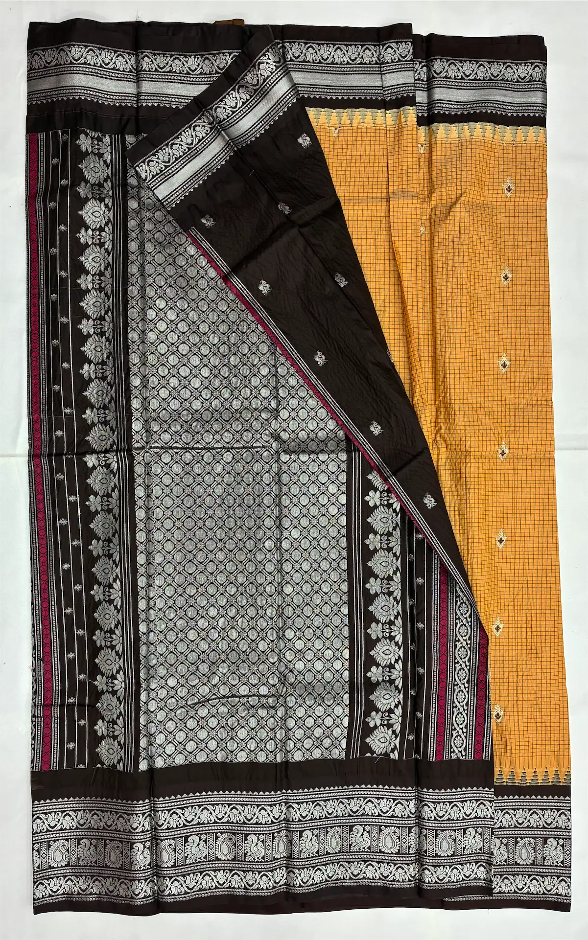 Gadwal Semi Silk Saree Checks Butas Rich Pallu and Border Peach Yellow and Brown
