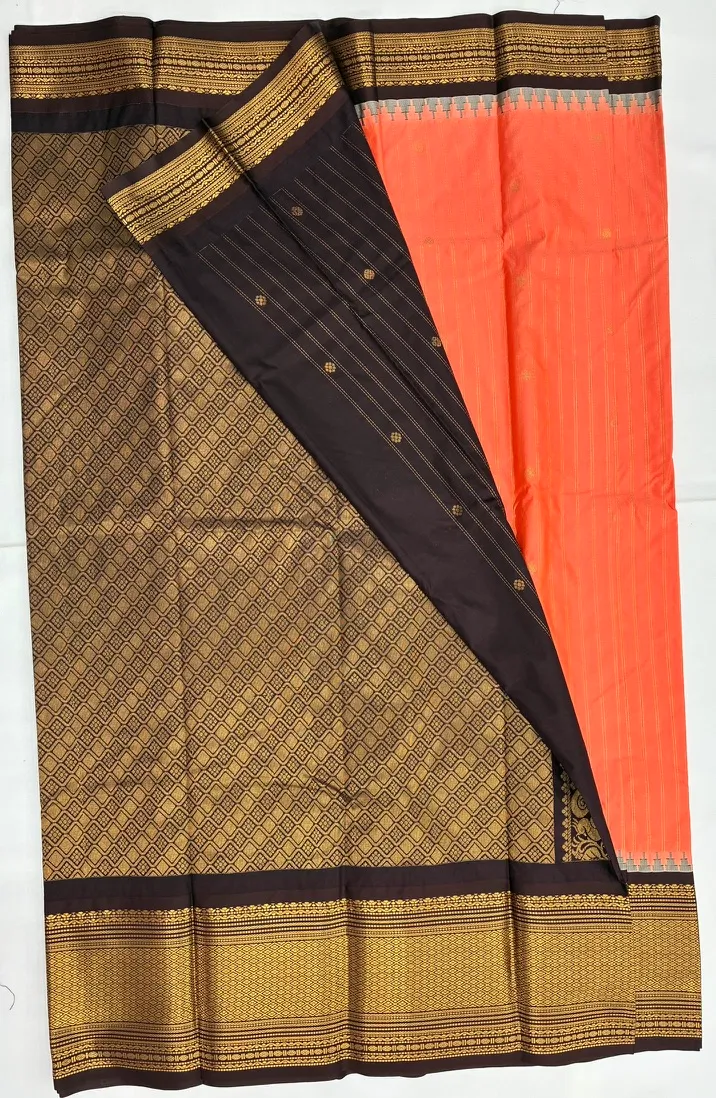 Gadwal Semi Silk Saree Checks Butas Rich Pallu and Border Peach Orange and Brown