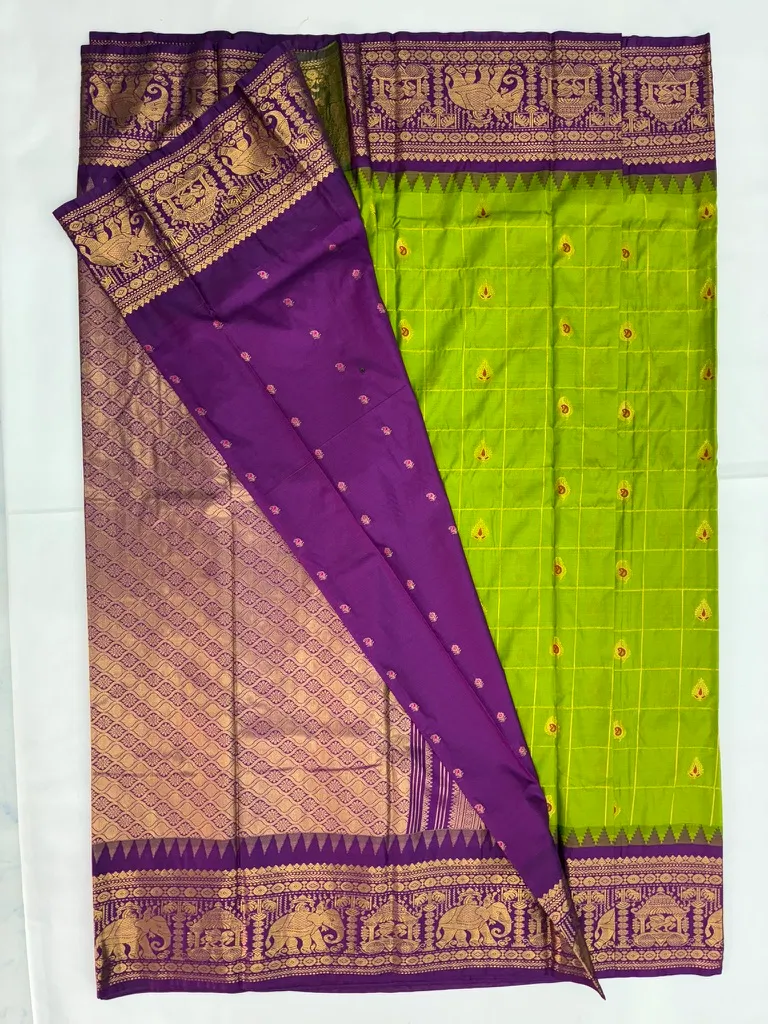 Gadwal Semi Saree Checks Butas Rich Pallu and Border Green and Purple