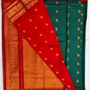 Gadwal Semi Silk Saree Checks Butas Rich Pallu and Border Bottle Green and Red