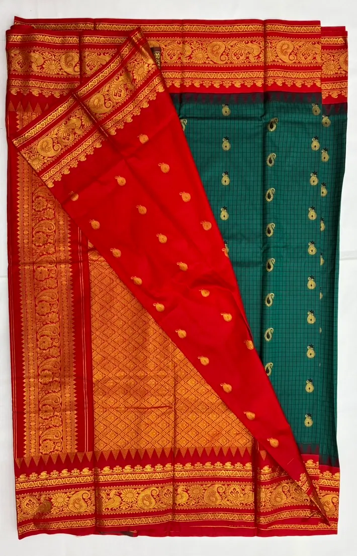 Gadwal Semi Silk Saree Checks Butas Rich Pallu and Border Bottle Green and Red