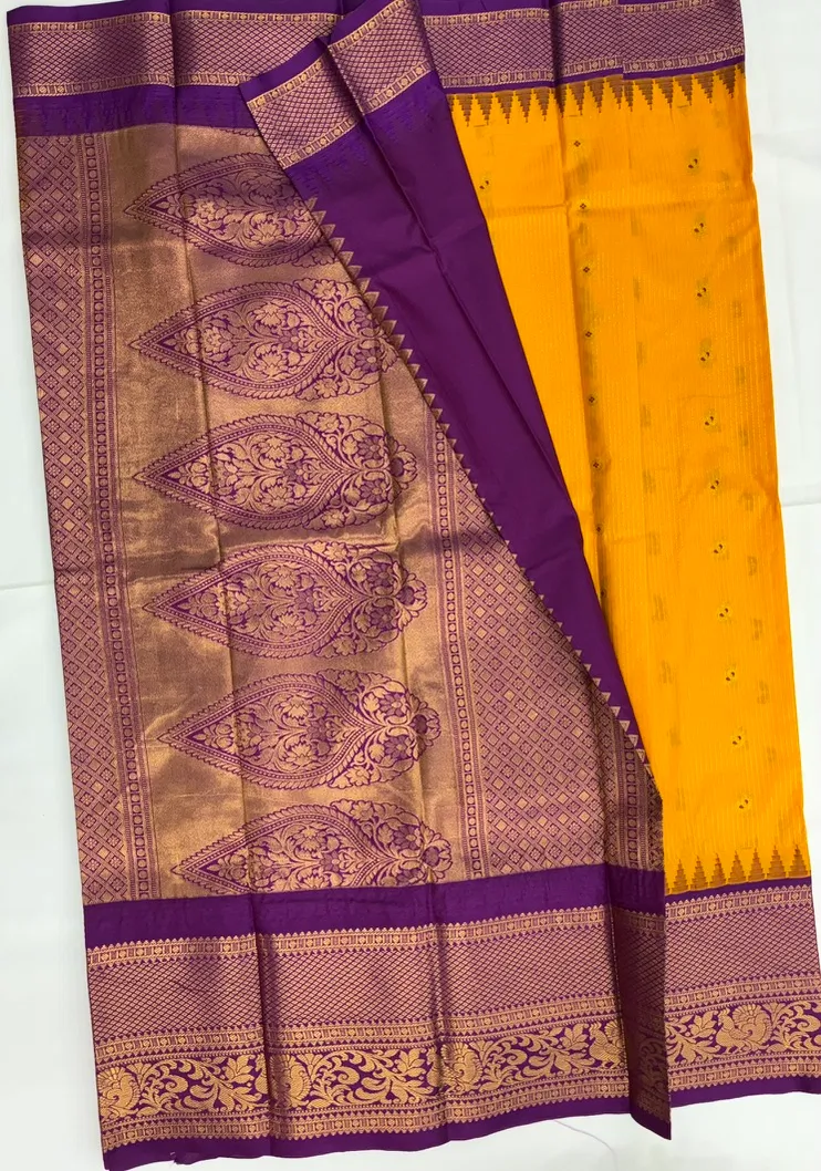 Gadwal Semi Saree Checks Butas Rich Pallu and Border Yellow and Purple