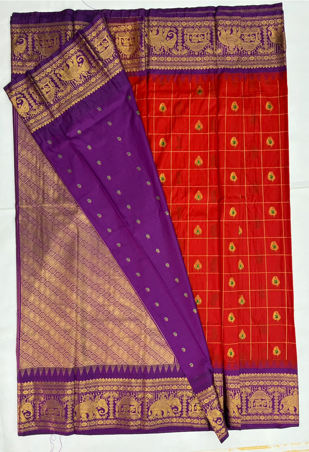 Gadwal Semi Saree Checks Butas Rich Pallu and Border Red and Purple