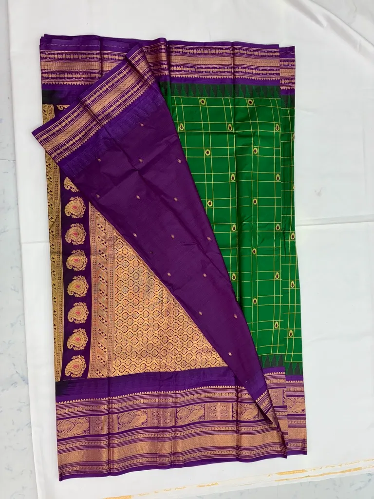 Gadwal Semi Saree Checks Butas Rich Pallu and Border Green and Purple