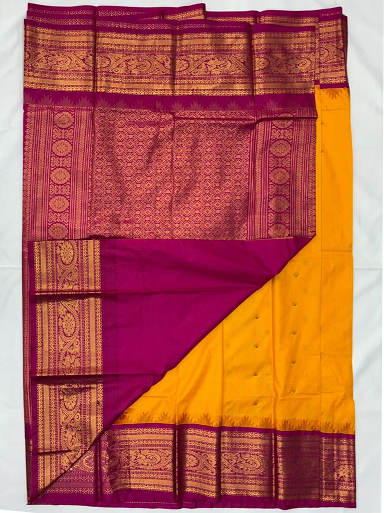 Gadwal Semi Black Saree with Golden yellow & Magenta Yellow border