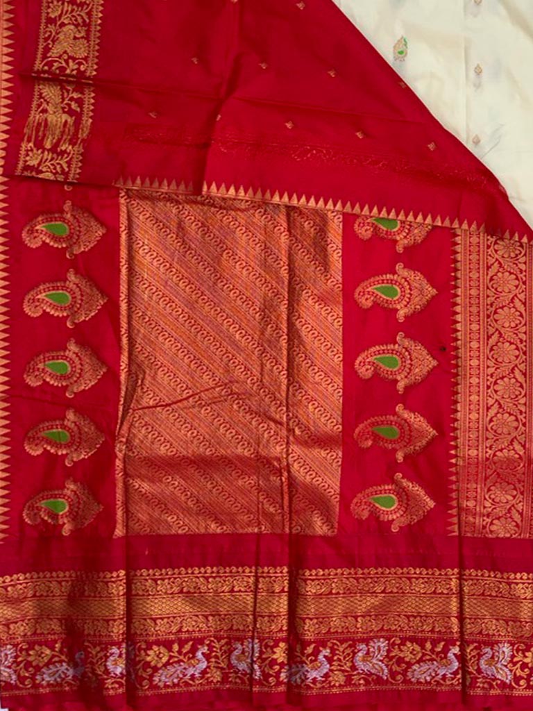 Gadwal Semi Saree Half white and Red Rich Pallu, border