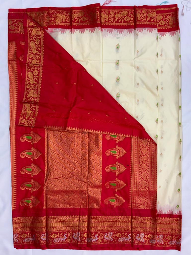 Gadwal Semi Saree Half white and Red Rich Pallu, border