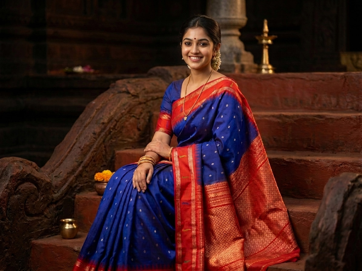 Munia Border Gadwal Pure Handloom Orange Border Blue dual shade body with Butas