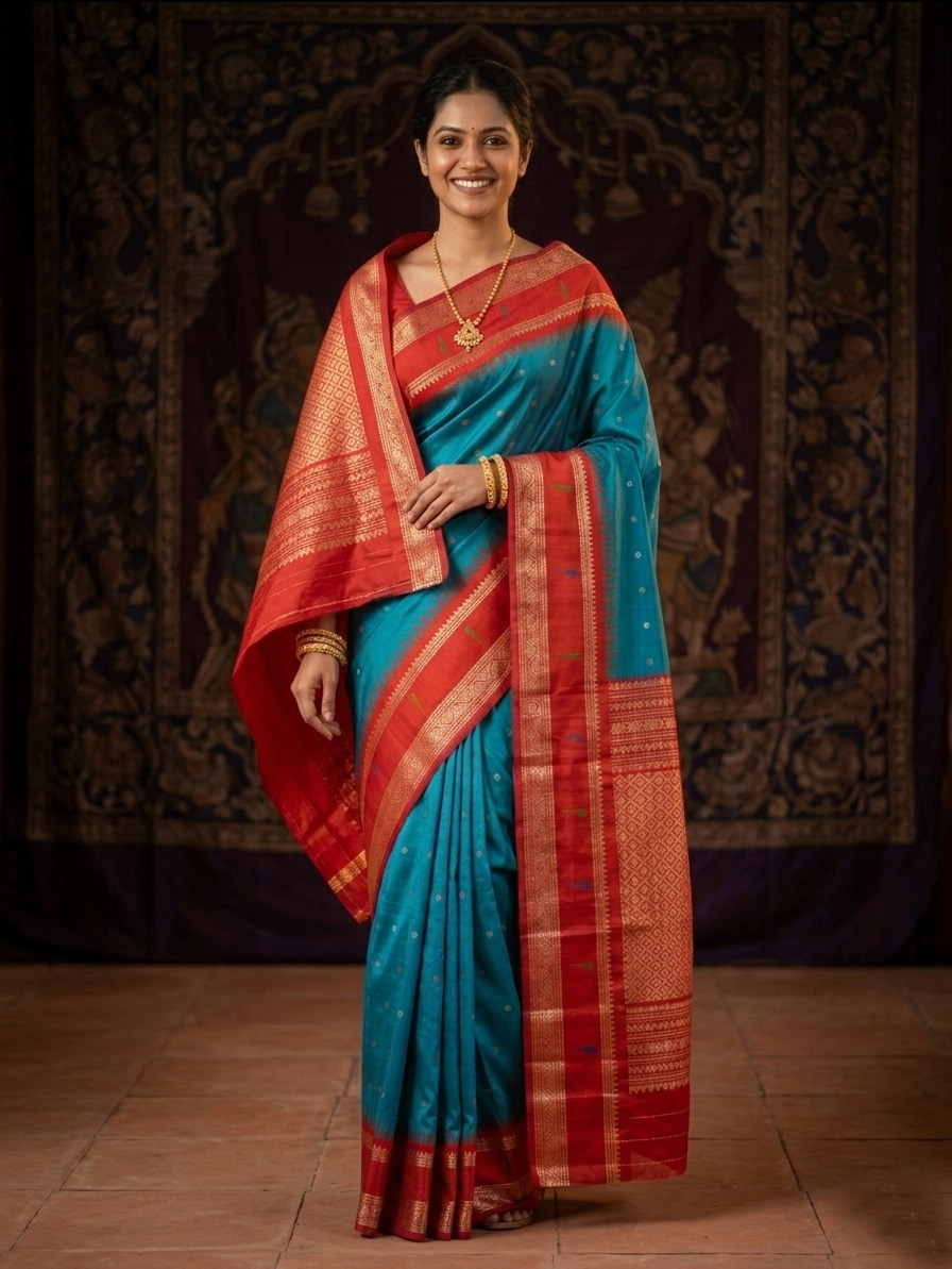 Munia Border Gadwal Pure Handloom Orange Border Cyan Blue dual shade body with Butas