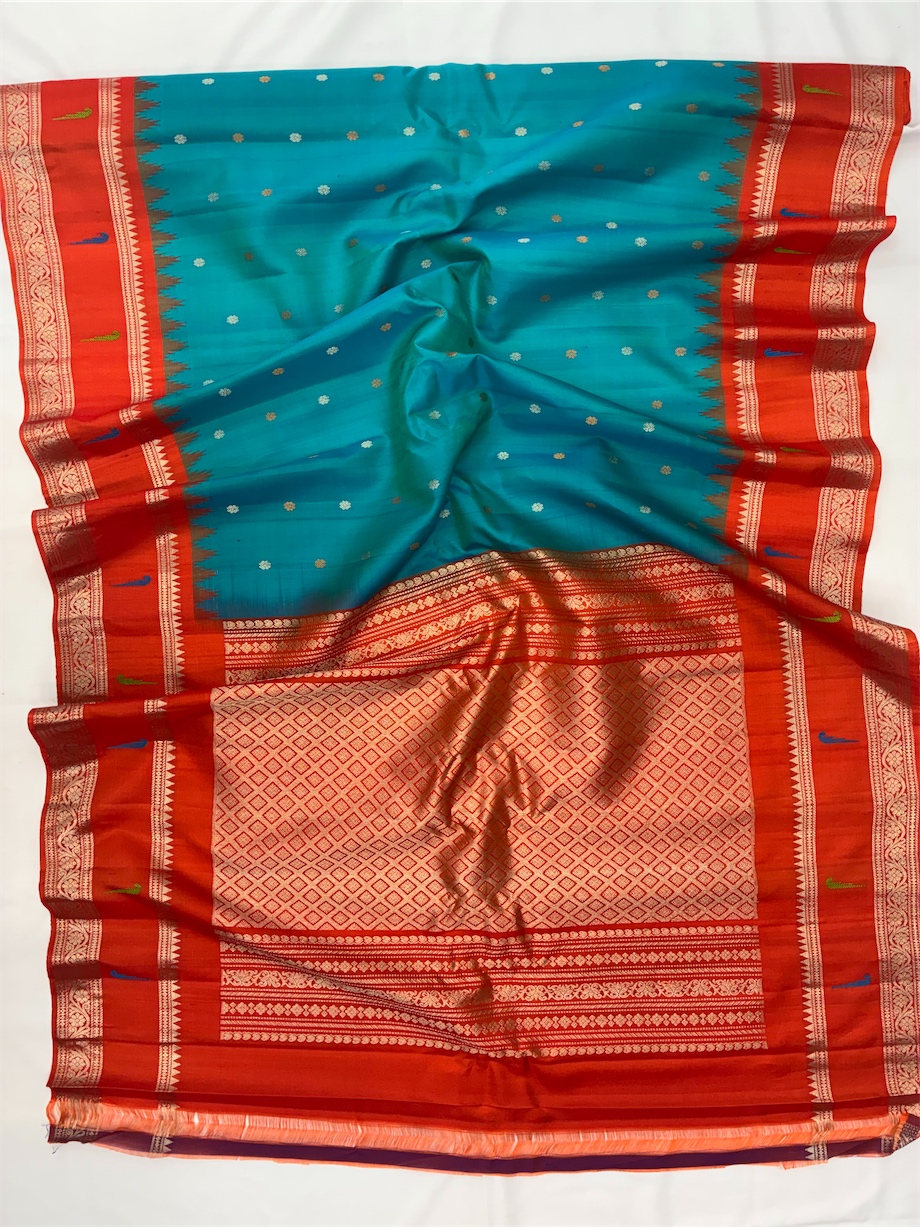 Munia Border Gadwal Pure Handloom Orange Border Cyan Blue dual shade body with Butas