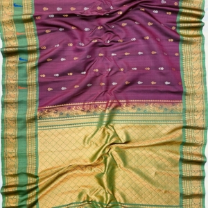 Gadwal Pure Handloom Wine Deep Magenta Purple body with Butas Munia border on green border