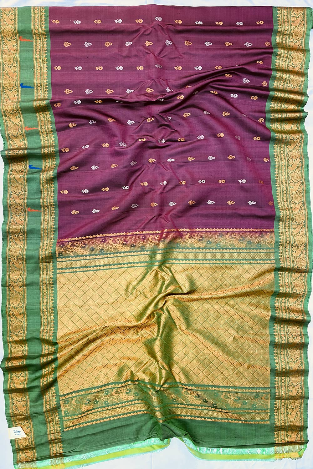 Gadwal Pure Handloom Wine Deep Magenta Purple body with Butas Munia border on green border