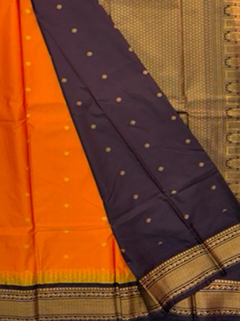 Gadwal Semi Black Saree with Rust Ornage & cofee brown border