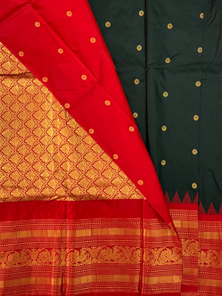 Gadwal Semi Saree Bottle Green and Red Rich Pallu