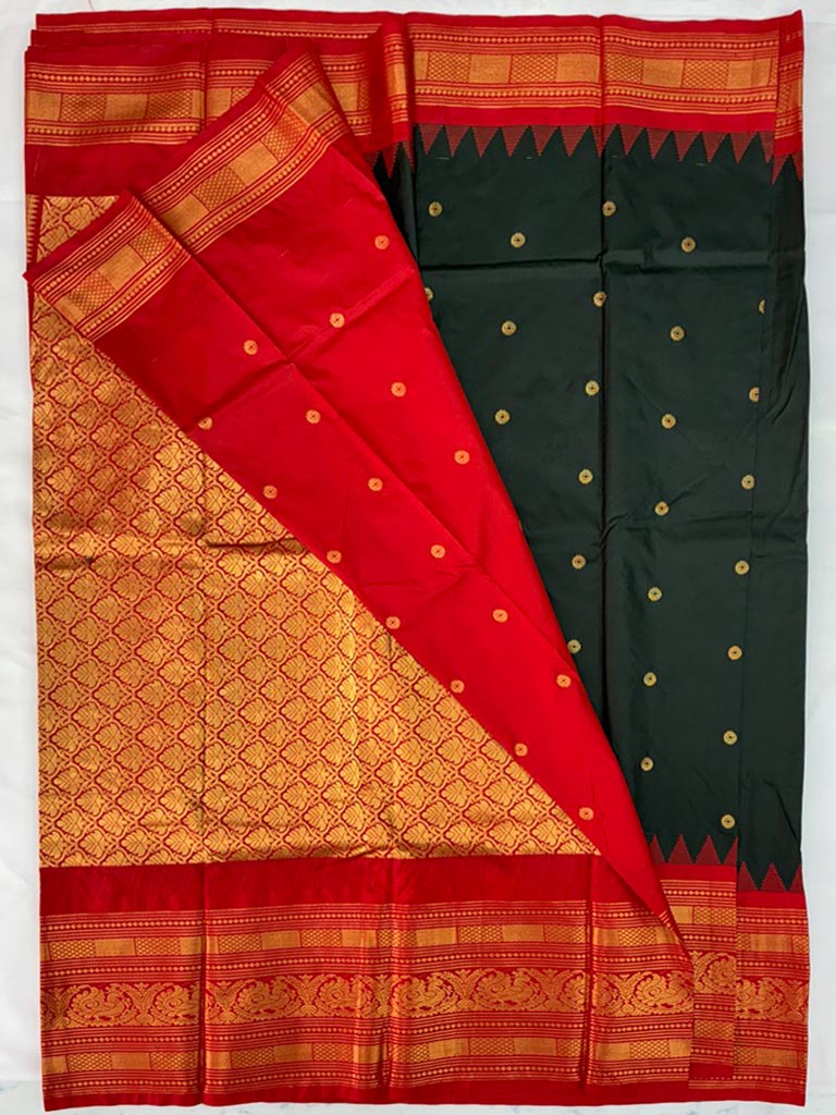 Gadwal Semi Saree Bottle Green and Red Rich Pallu
