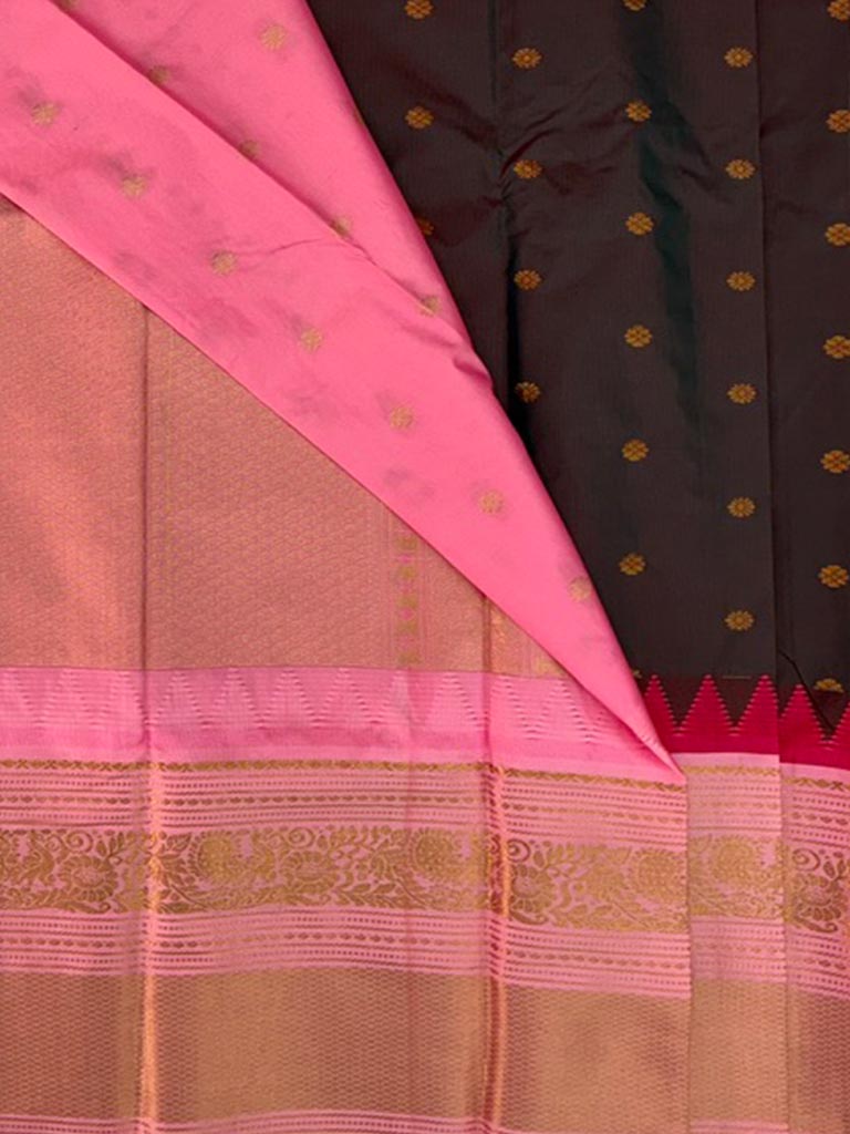 Gadwal Semi Saree Coffee brown with Pink border