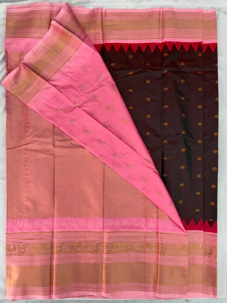 Gadwal Semi Saree Coffee brown with Pink border