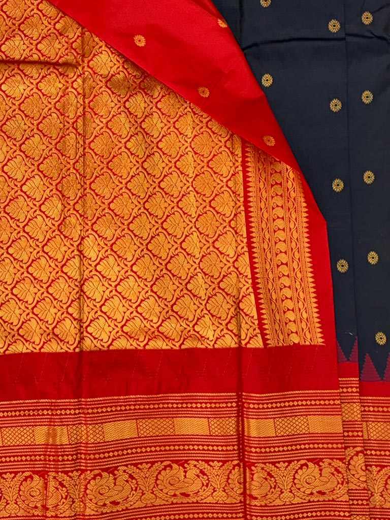Gadwal Semi Saree Dark Blue and Red Rich Pallu