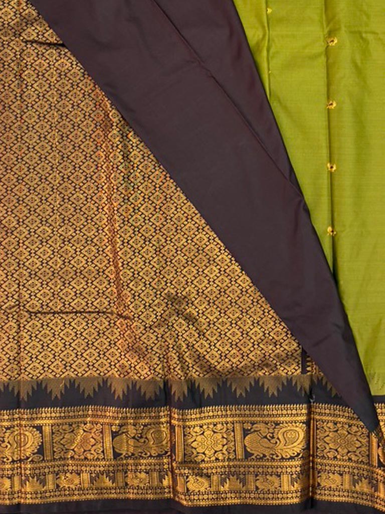 Gadwal Semi Black Saree with Gree & Coffee brown border