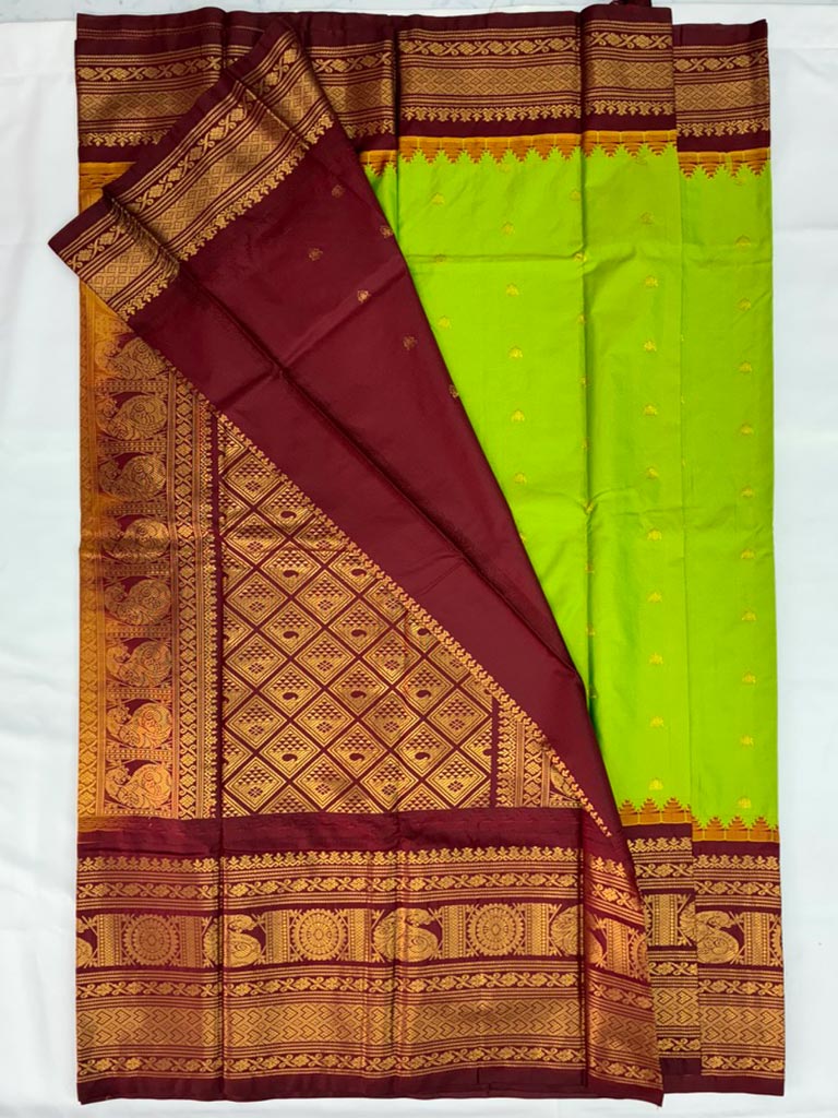 Gadwal Semi Saree Green and brown Rich Pallu