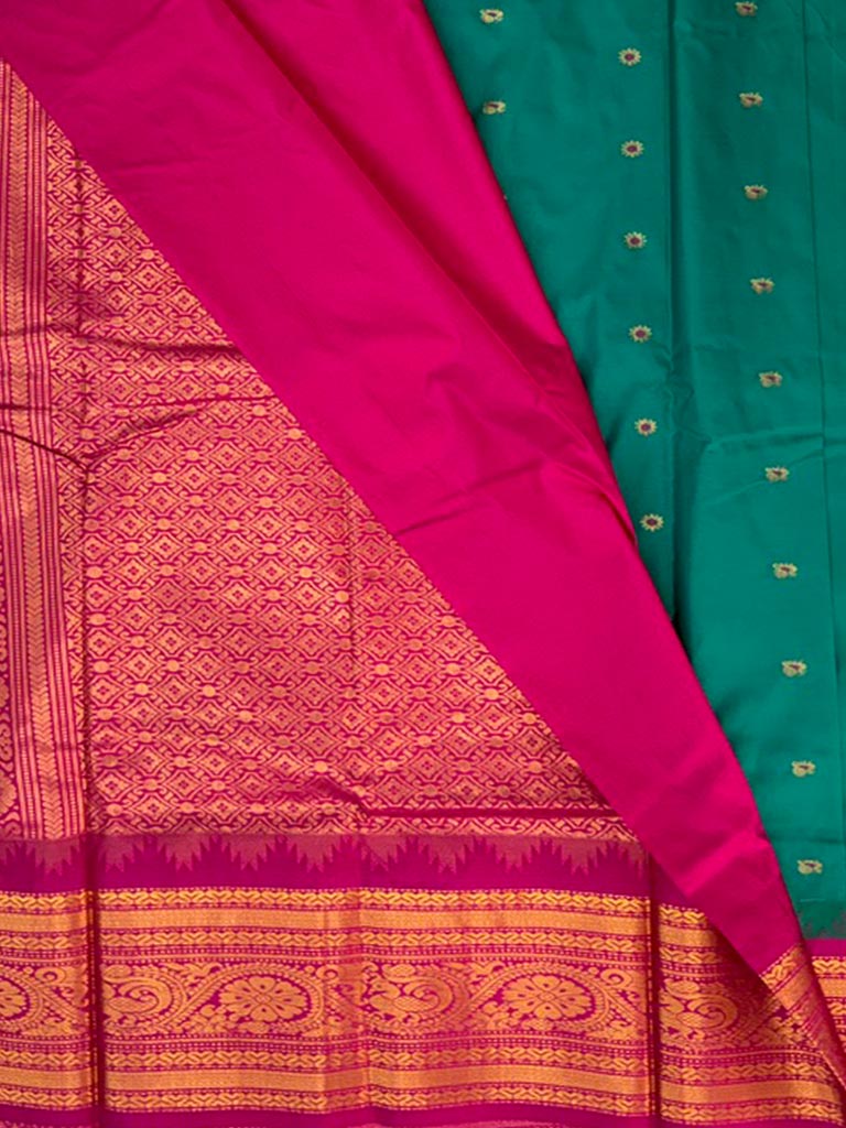 Gadwal Semi Saree Green with Pink Rich Pallu & border