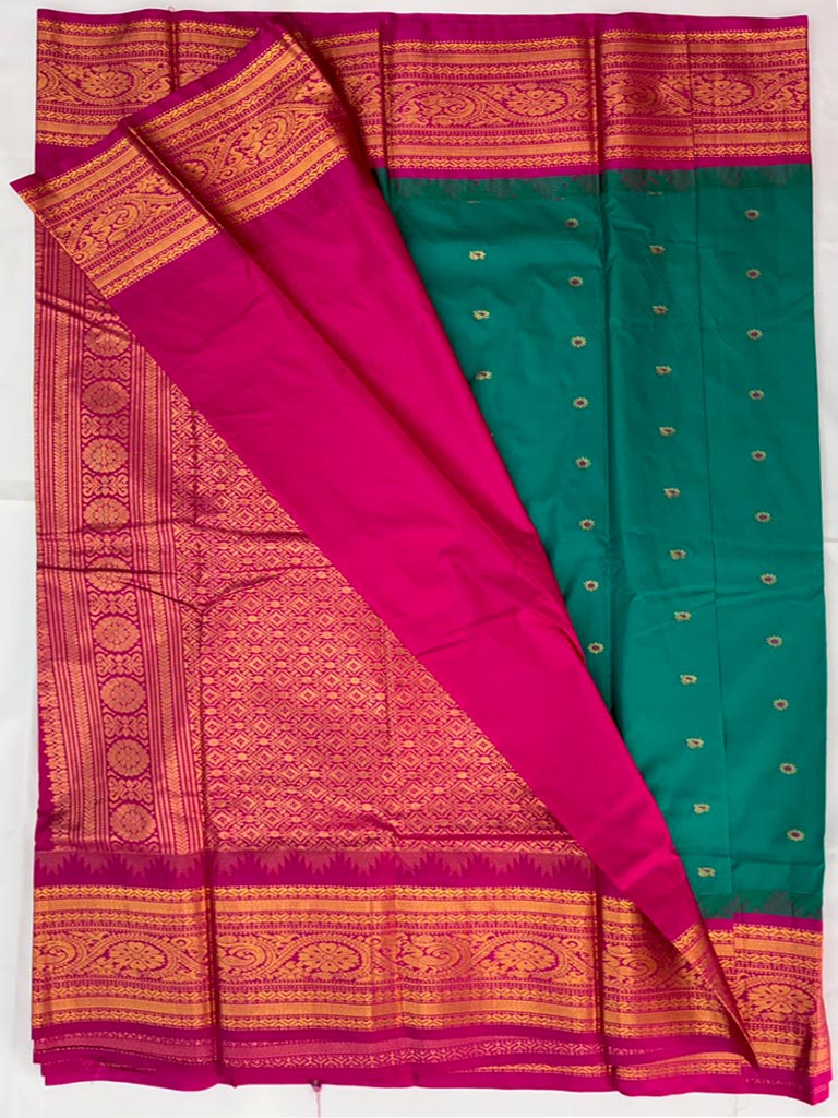 Gadwal Semi Saree Green with Pink Rich Pallu & border