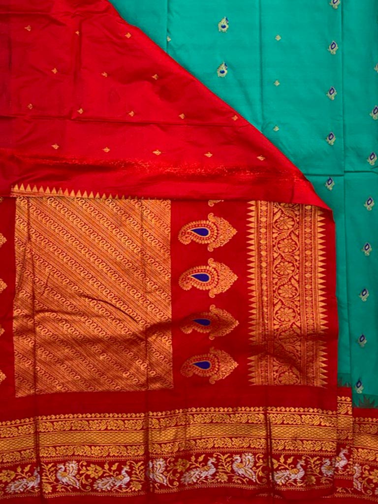 Gadwal Semi Saree Green and Red Rich Pallu