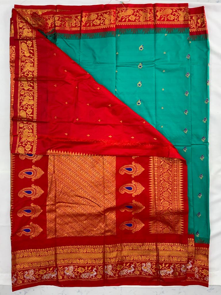 Gadwal Semi Saree Green and Red Rich Pallu