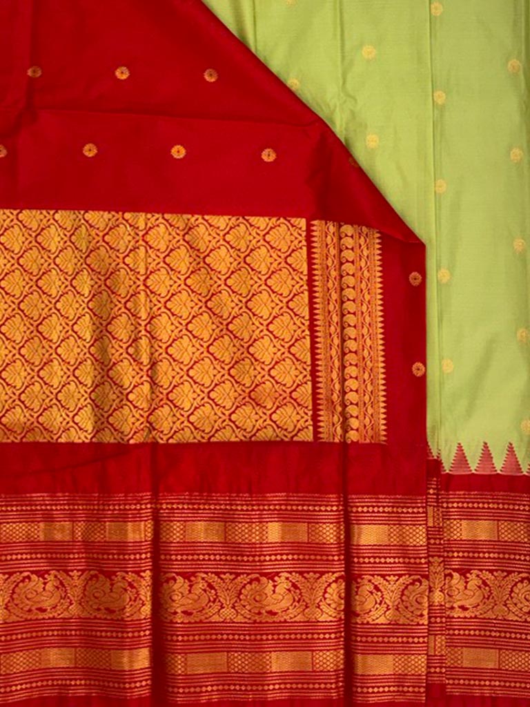 Gadwal Semi Saree Green and Red Rich Pallu
