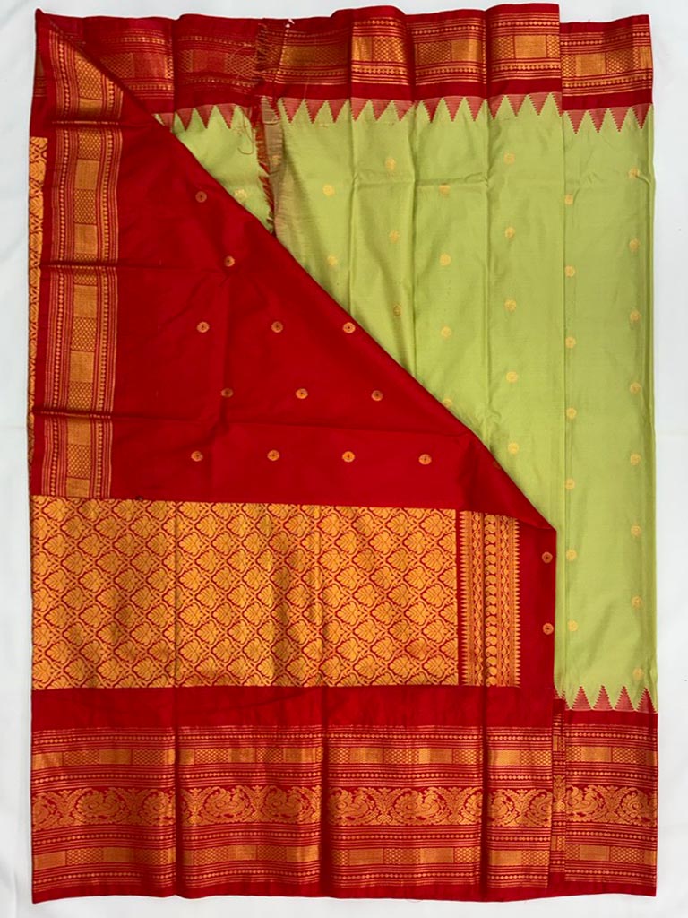 Gadwal Semi Saree Green and Red Rich Pallu