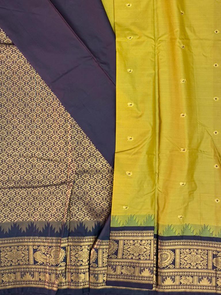 Gadwal Semi Saree Mehendi Green and Coffee brown Rich Pallu
