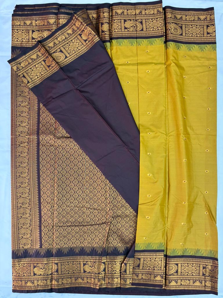 Gadwal Semi Saree Mehendi Green and Coffee brown Rich Pallu