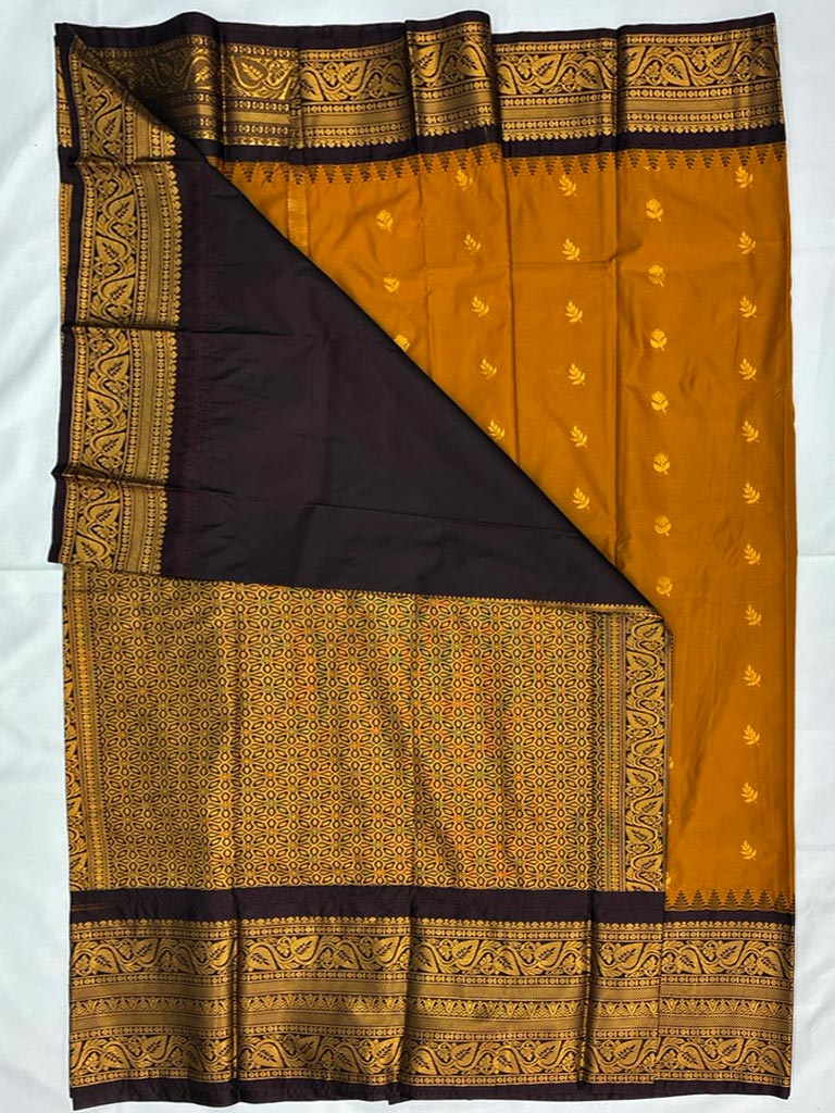 Gadwal Semi Saree Peach Orange and Coffee brown Rich Pallu & border
