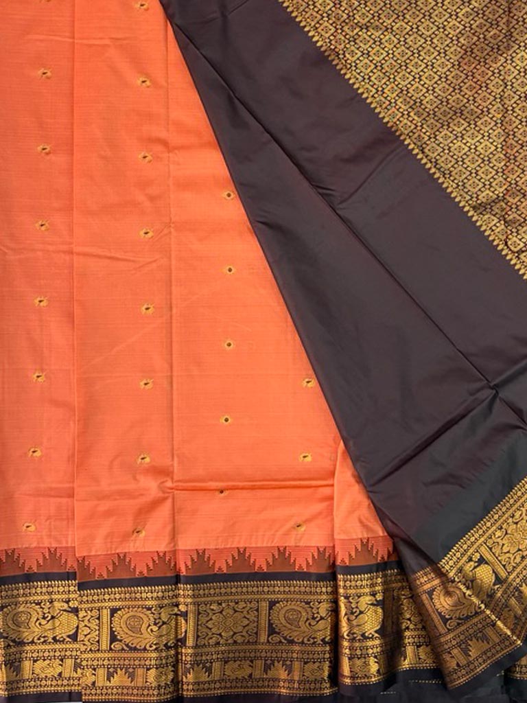Gadwal Semi Saree peach Orange and Coffee brown Rich Pallu