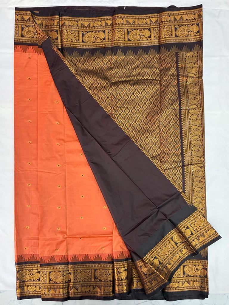 Gadwal Semi Saree peach Orange and Coffee brown Rich Pallu