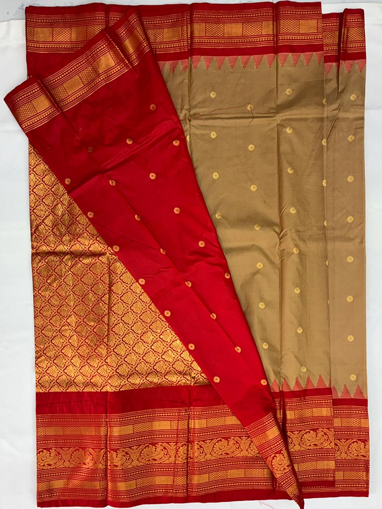 Gadwal Semi Saree Sandle and Red Rich Pallu
