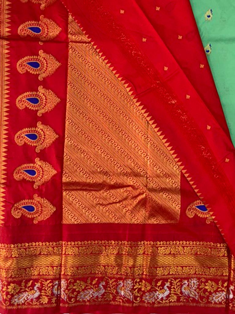 Gadwal Semi Black Saree with Sea Green & Red border