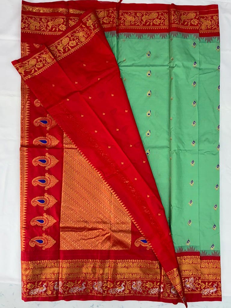 Gadwal Semi Black Saree with Sea Green & Red border