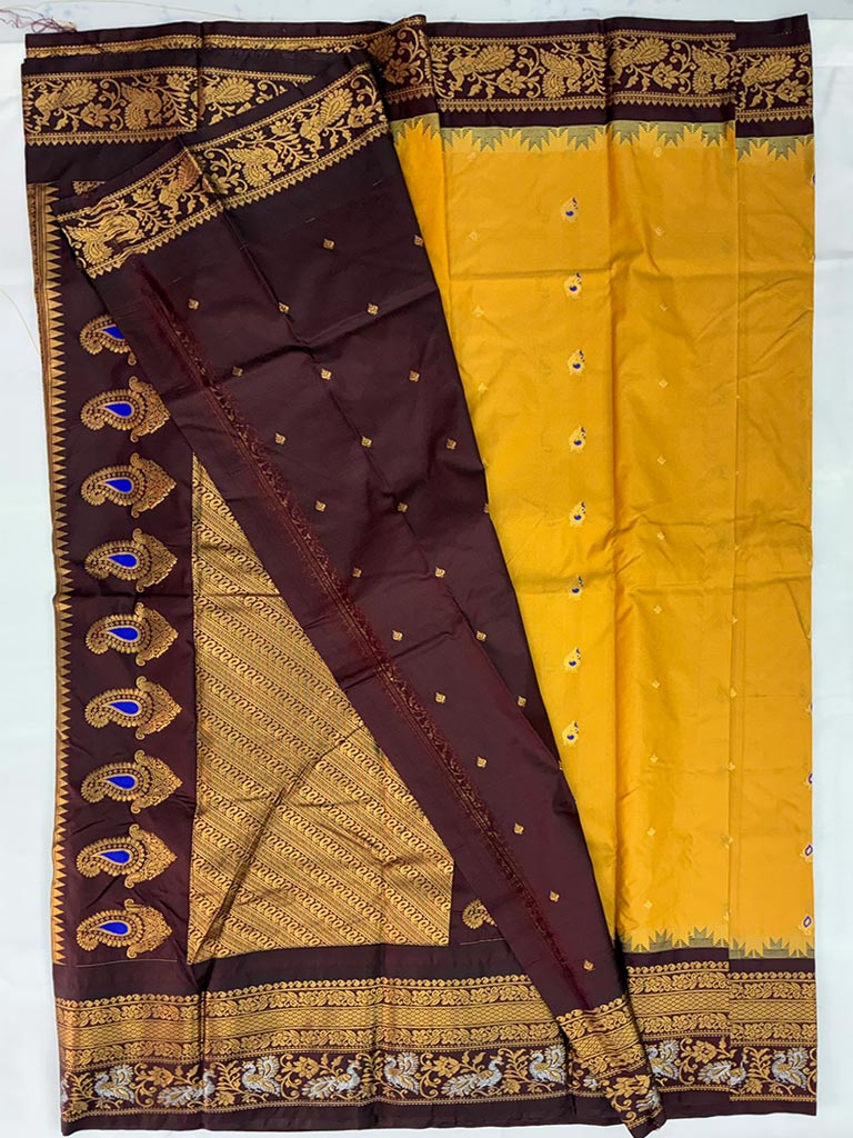 Gadwal Semi Saree Peach yellow and Coffee brown Rich Pallu, border