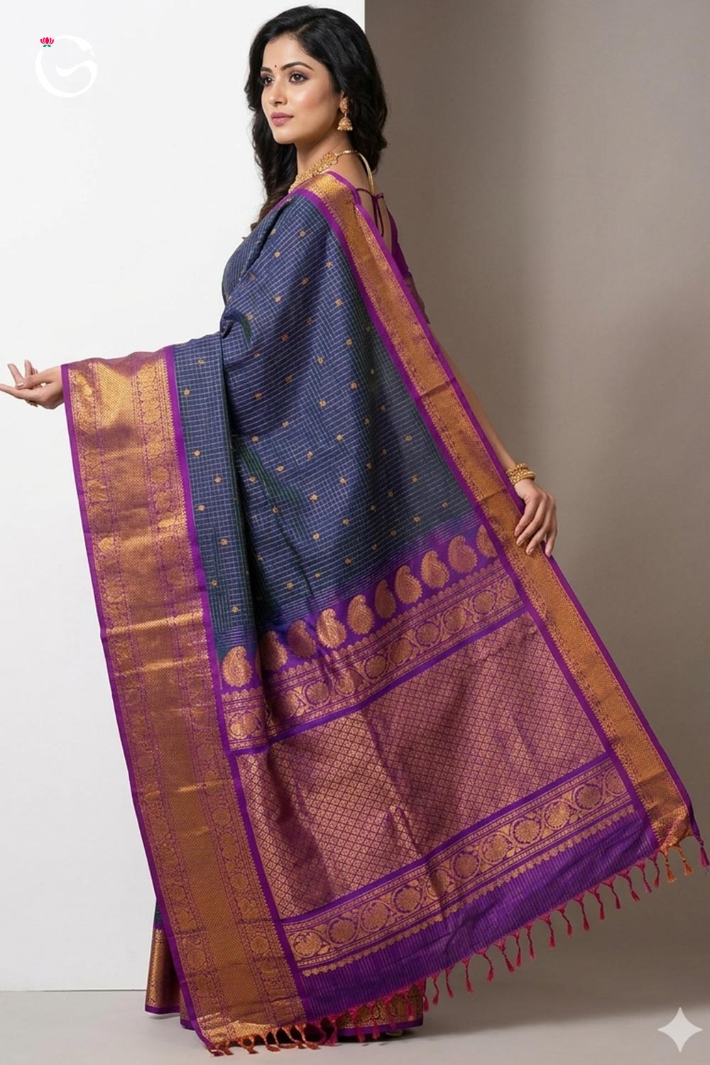 Big Border Gadwal Pure Handloom dual shade body Checks with Butas Blue Dual Shade with Purple Border silk saree