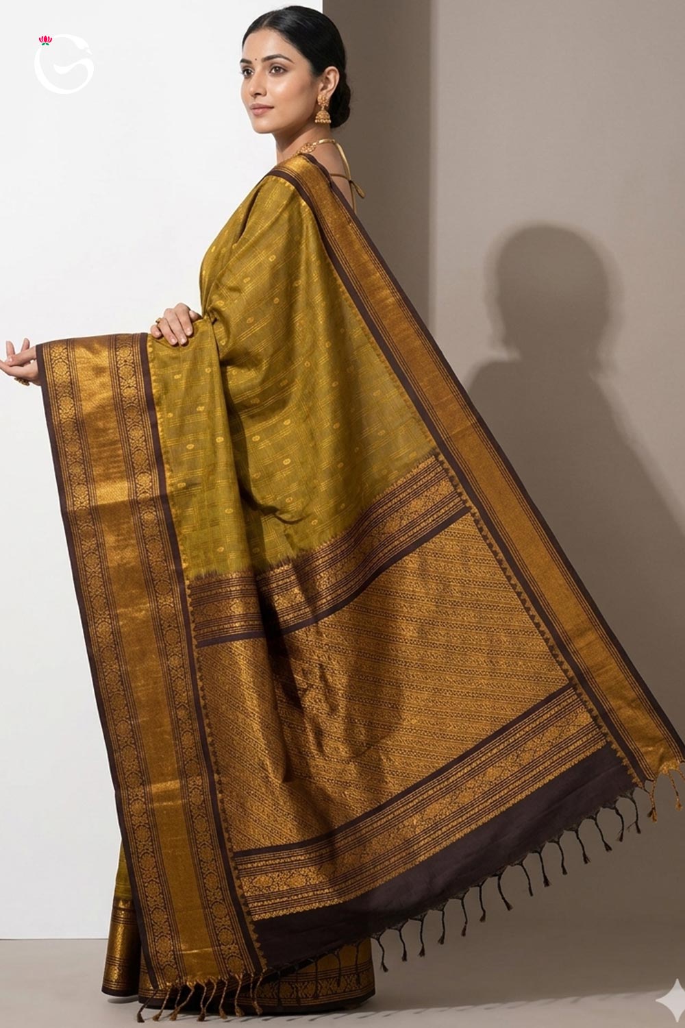 Big Border Gadwal Pure Handloom dual shade body Checks with Butas Olive Green with Coffee brown Border silk saree