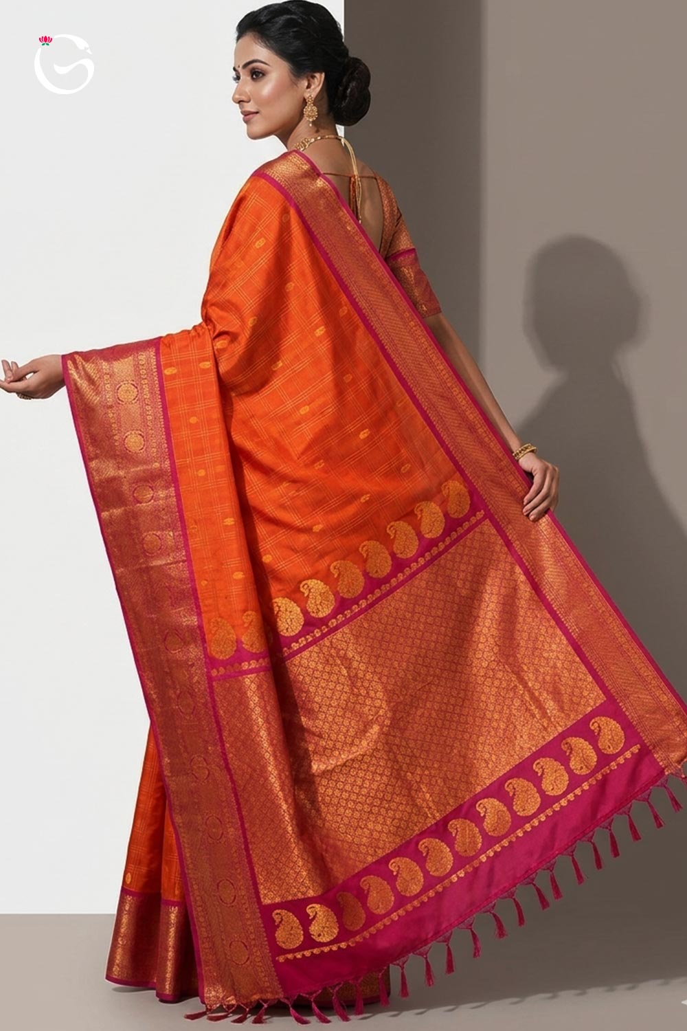 Big Border Gadwal Pure Handloom dual shade body Checks with Butas Dark Orange silk saree