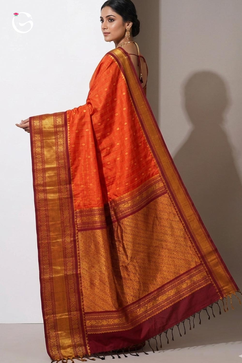 Big Border Gadwal Pure Handloom dual shade body Checks with Butas Dark Orange with Maroon brown Border silk saree