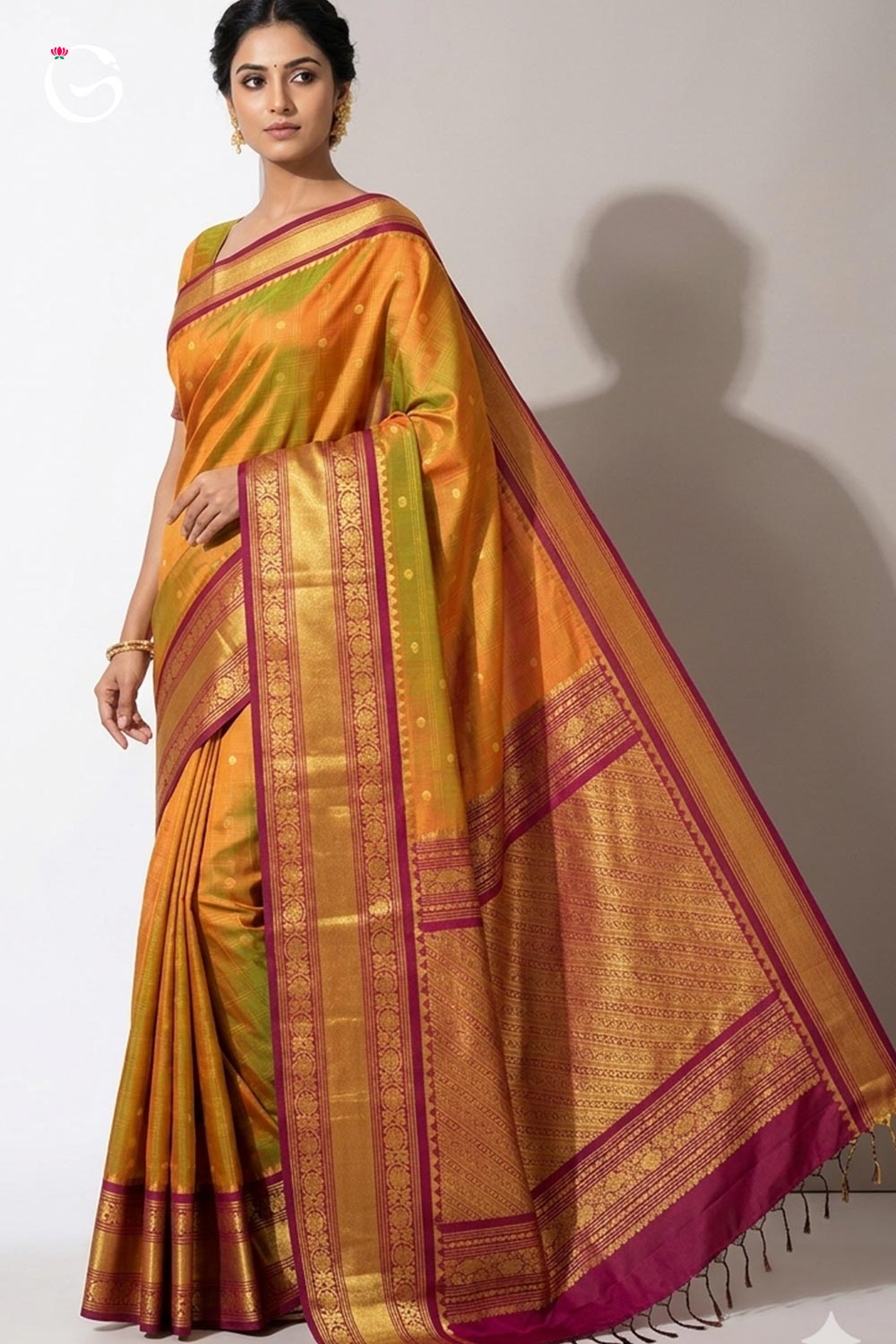 Big Border Gadwal Pure Handloom dual shade body Checks with Butas Rust Orange with Maroon Border silk saree
