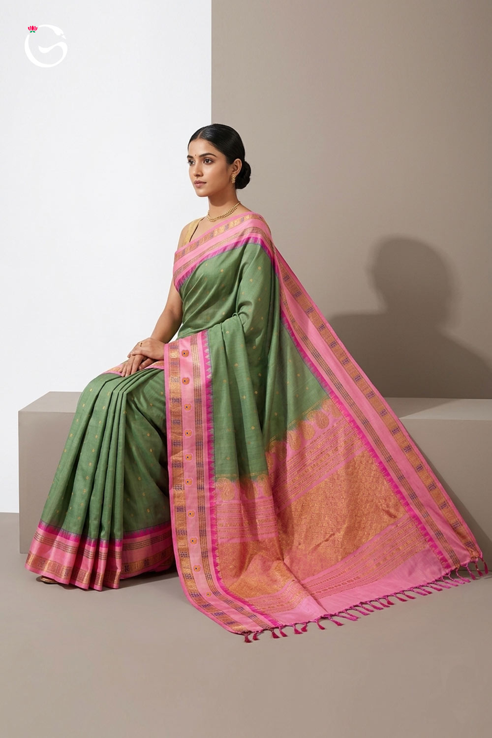 Gadwal Pure Olive Green body with Pink small butta border handloom silk saree