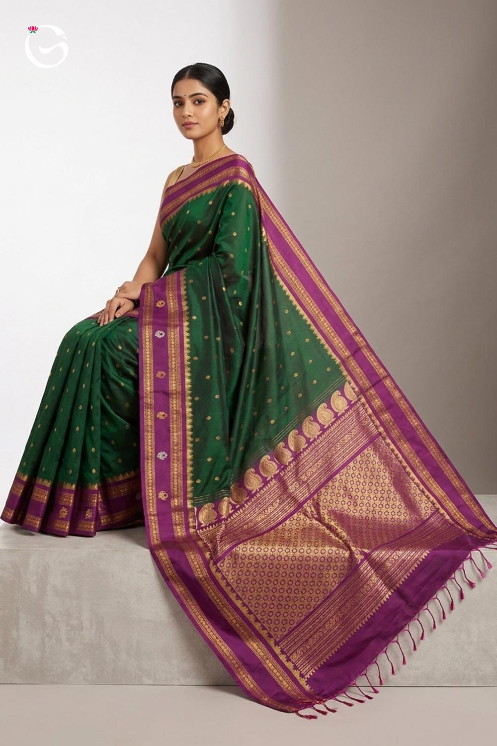 Gadwal Pure Bottle Green Butta body with Purple small butta border handloom silk saree